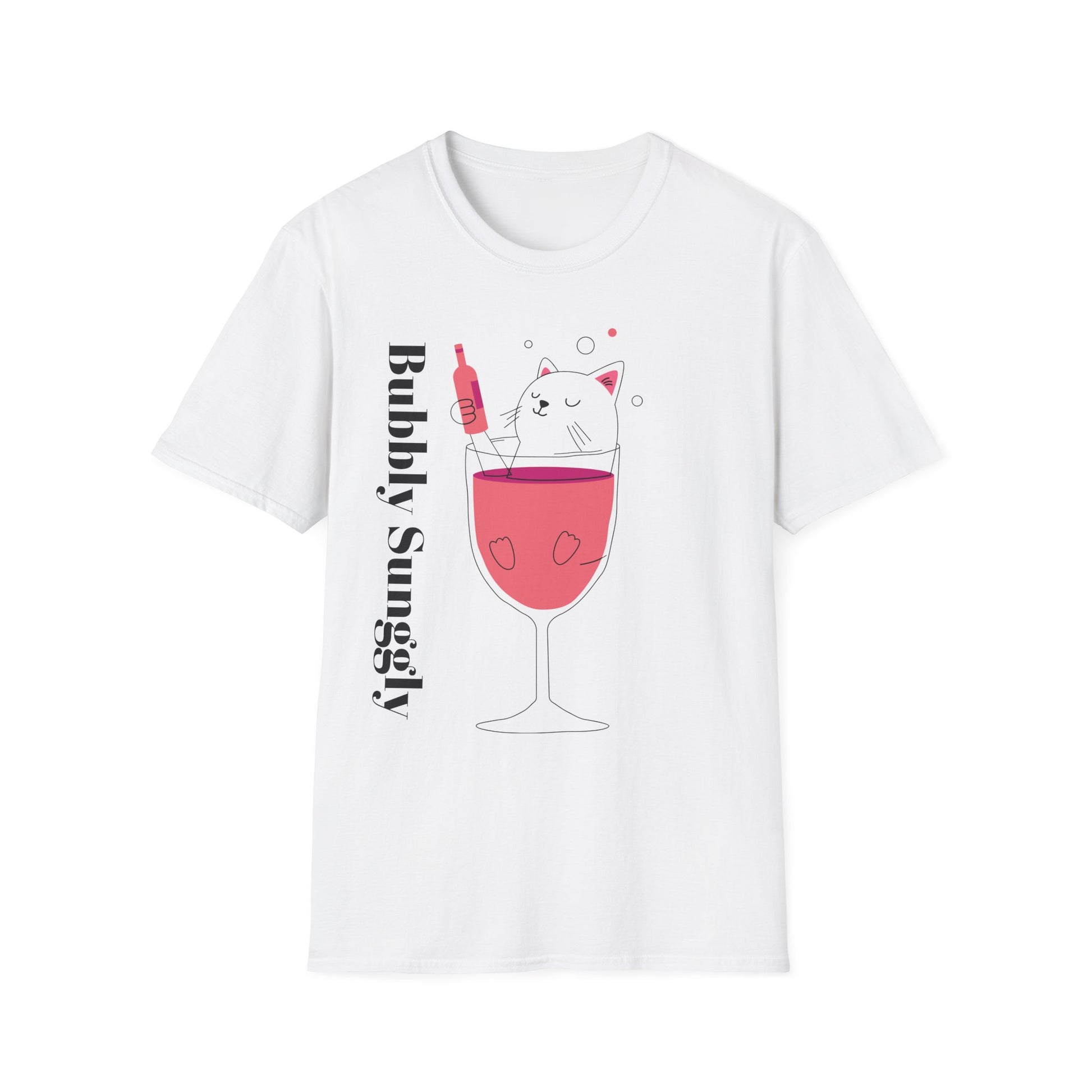White t-shirt with a graphic of a cat in a wine glass and text 'Bubbly Sunggly' on a white background