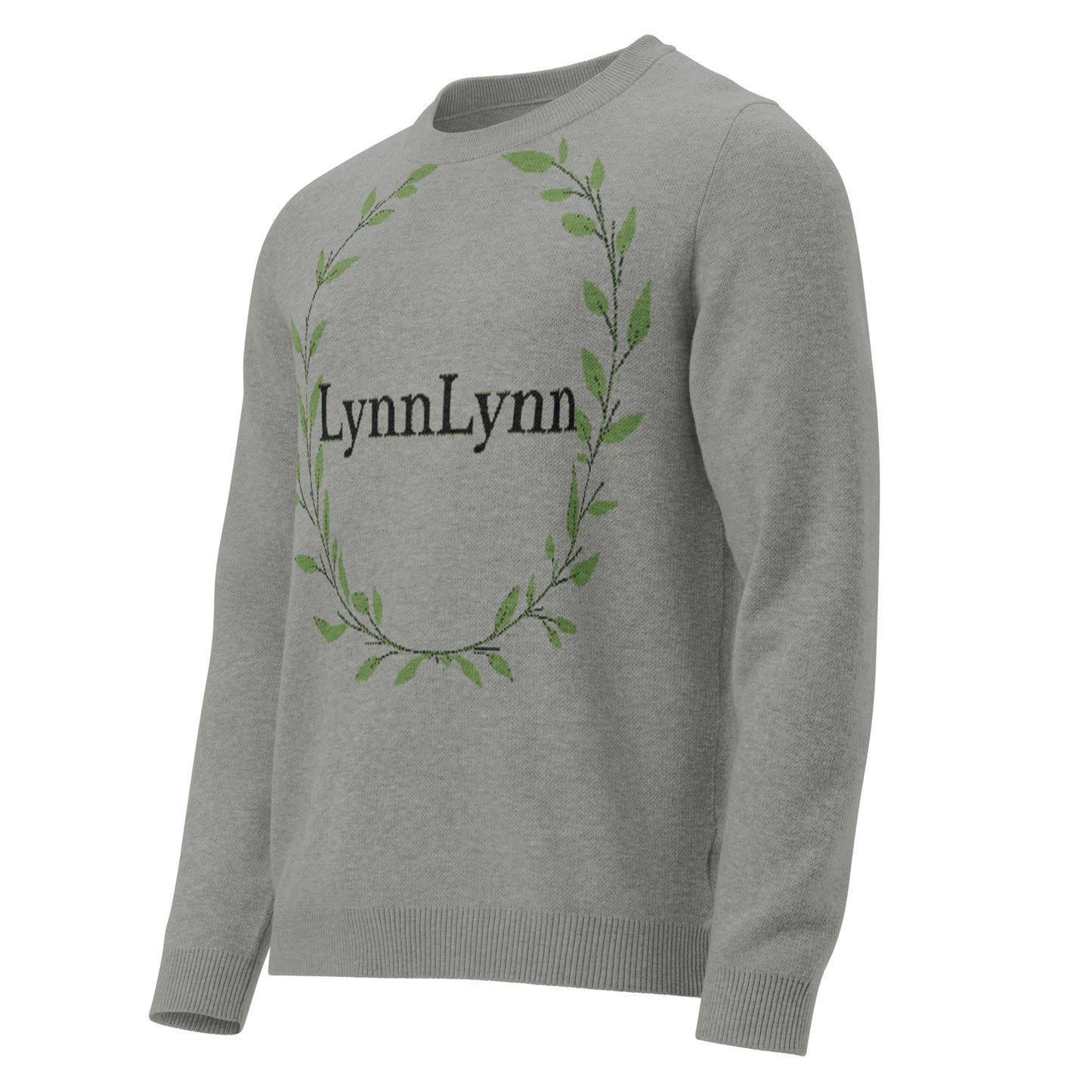 Gray sweater with 'LynnLynn' text and leaf design on a white background