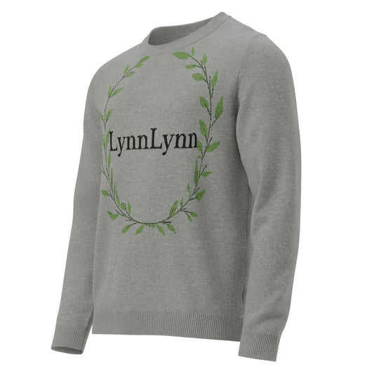 Gray sweater with 'LynnLynn' text and leaf design on a white background